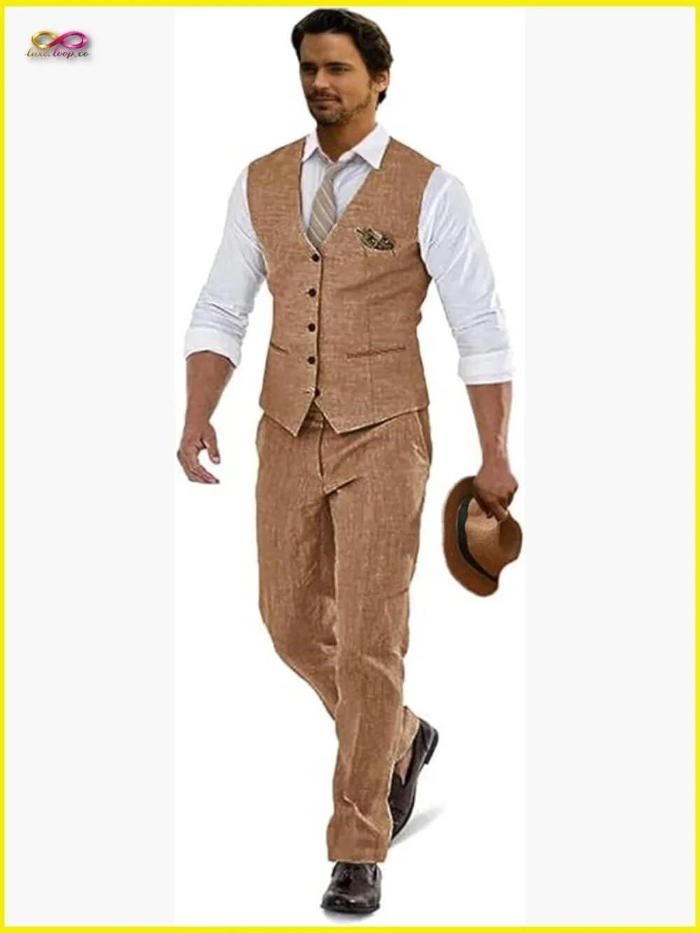 Linen Suit Slim Fit Casual Chic Wedding Prom Business Formal Vest Pants Set